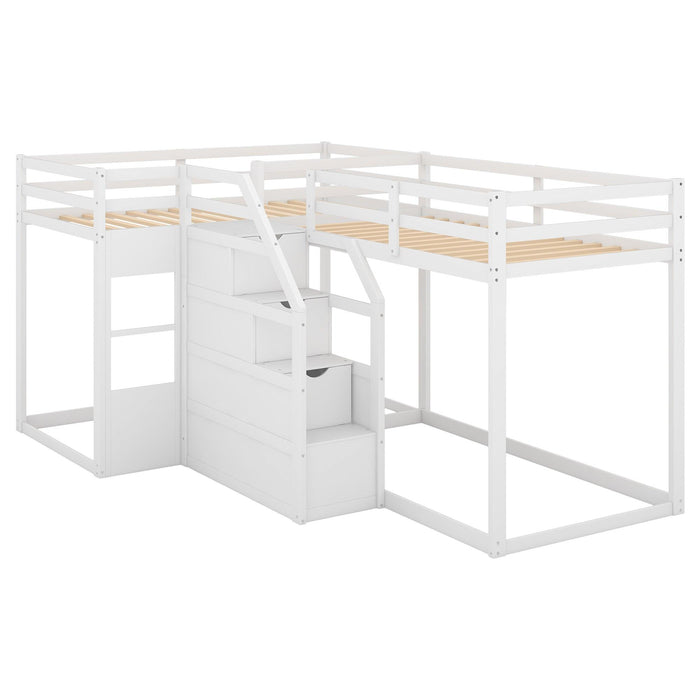 Twin over Twin L-Shaped Bunk Bed withStorage Staircase - White