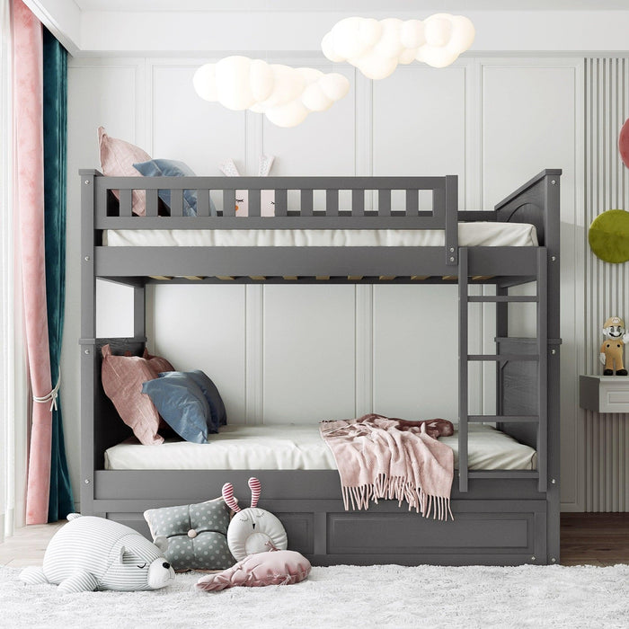 Full over Full Bunk Bed with Twin Size Trundle and Guardrails - Brushed Gray