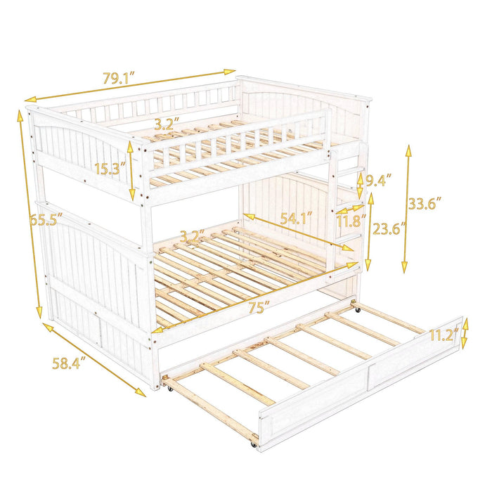 Full over Full Bunk Bed with Twin Size Trundle and Guardrails - White