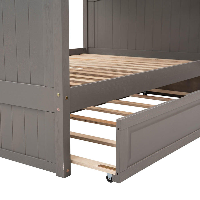 Full over Full Bunk Bed with Twin Size Trundle and Guardrails - Brushed Gray