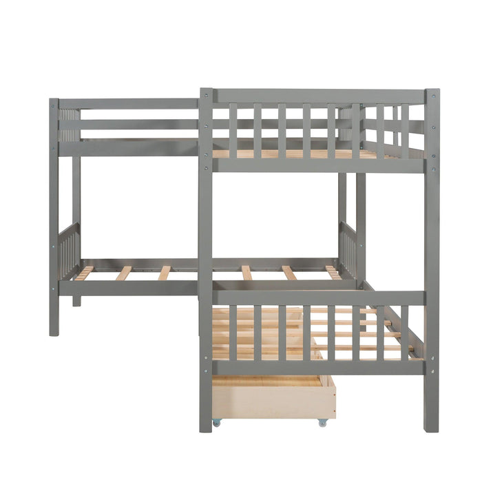 Twin over Twin L-Shaped Bunk Bed with Drawers - Gray