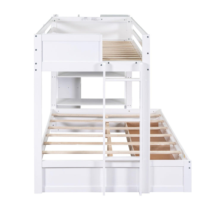 Twin over Full Bunk Bed with Drawers, Shelves, Drawers, and L-shaped Desk - White