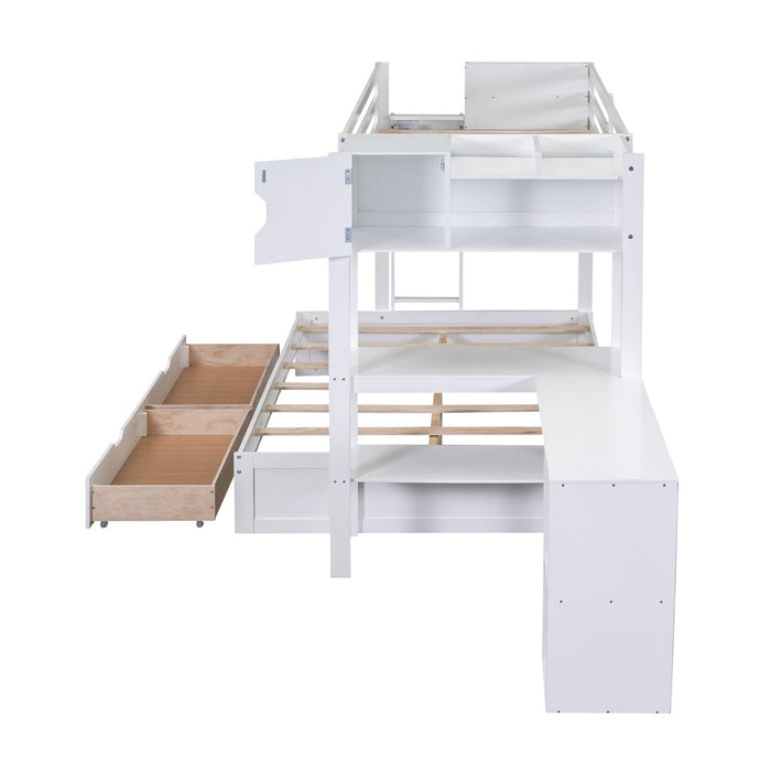 Twin over Full Bunk Bed with Drawers, Shelves, Drawers, and L-shaped Desk - White