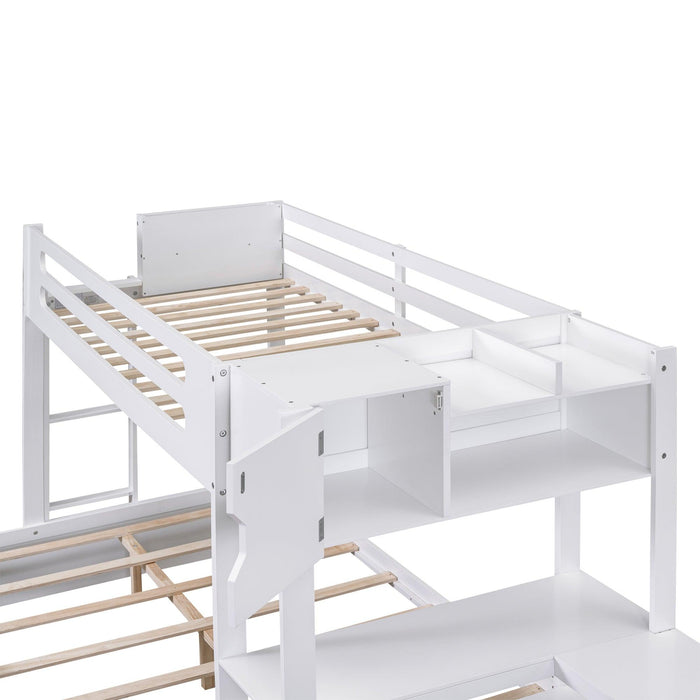 Twin over Full Bunk Bed with Drawers, Shelves, Drawers, and L-shaped Desk - White