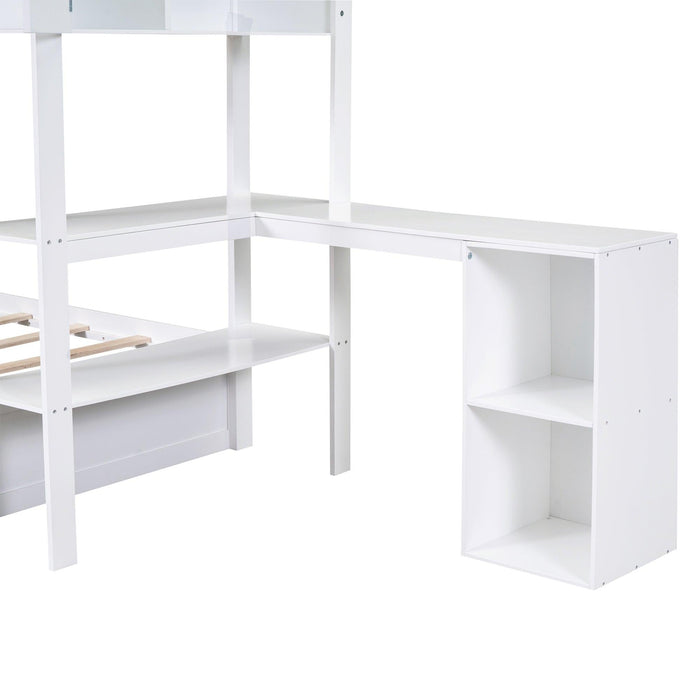 Twin over Full Bunk Bed with Drawers, Shelves, Drawers, and L-shaped Desk - White