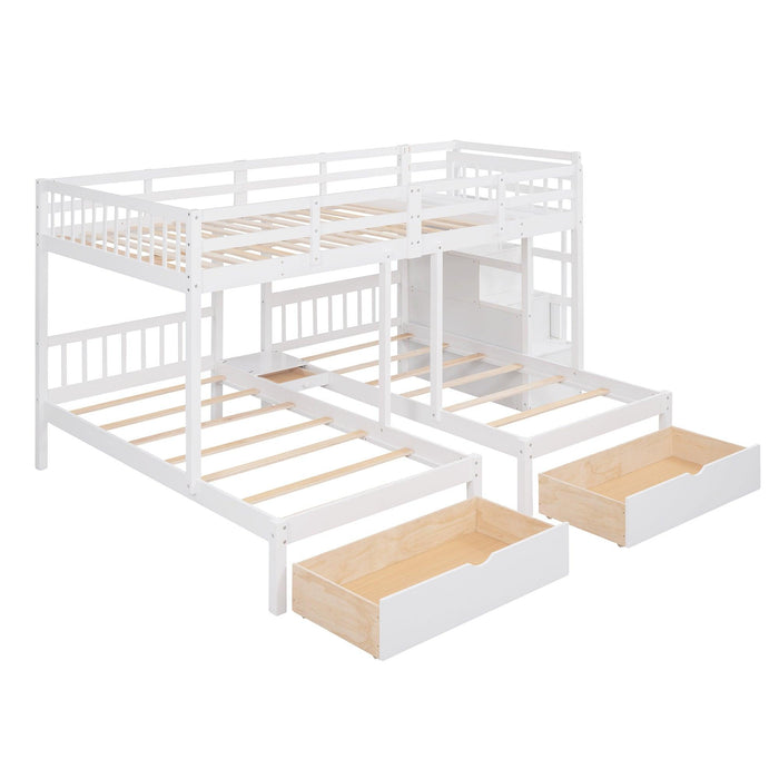 Full over Twin and Twin Bunk Bed with Drawers and Guardrail - White