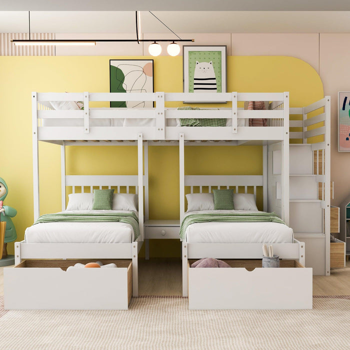 Full over Twin and Twin Bunk Bed with Drawers and Guardrail - White