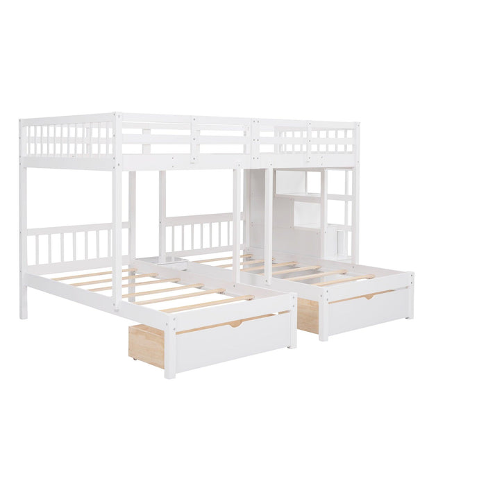 Full over Twin and Twin Bunk Bed with Drawers and Guardrail - White