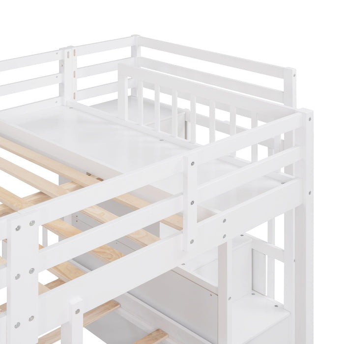 Full over Twin and Twin Bunk Bed with Drawers and Guardrail - White