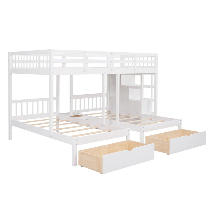 Full over Twin and Twin Bunk Bed with Drawers and Guardrail - White