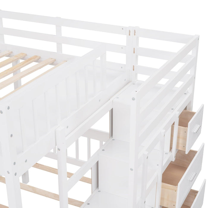 Full over Twin and Twin Bunk Bed with Drawers and Guardrail - White