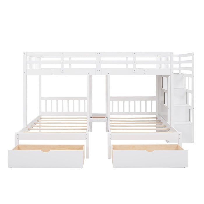 Full over Twin and Twin Bunk Bed with Drawers and Guardrail - White