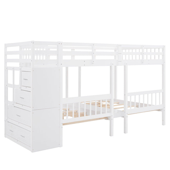 Full over Twin and Twin Bunk Bed with Drawers and Guardrail - White