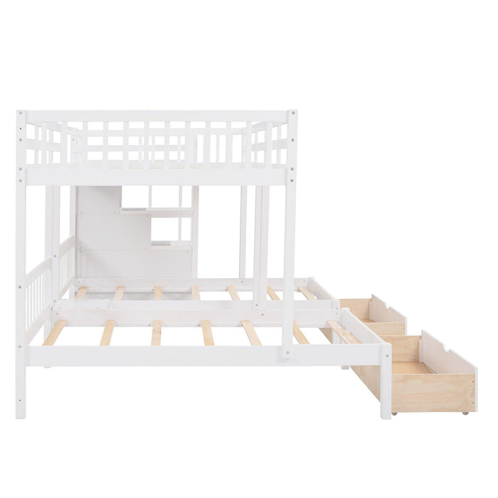 Full over Twin and Twin Bunk Bed with Drawers and Guardrail - White