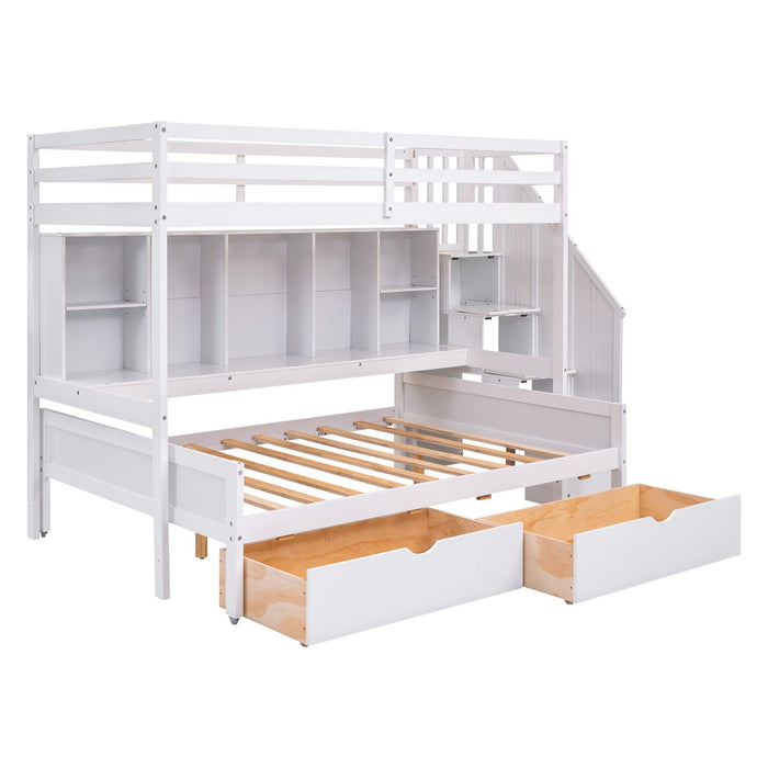 Twin XL over Full Bunk Bed withStorage Shelves, Drawers andStorage Staircase - White