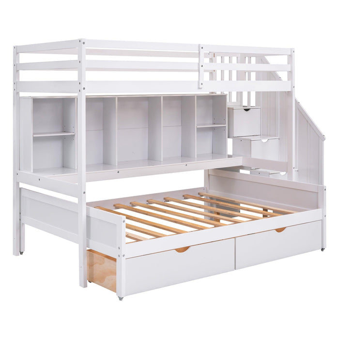 Twin XL over Full Bunk Bed withStorage Shelves, Drawers andStorage Staircase - White