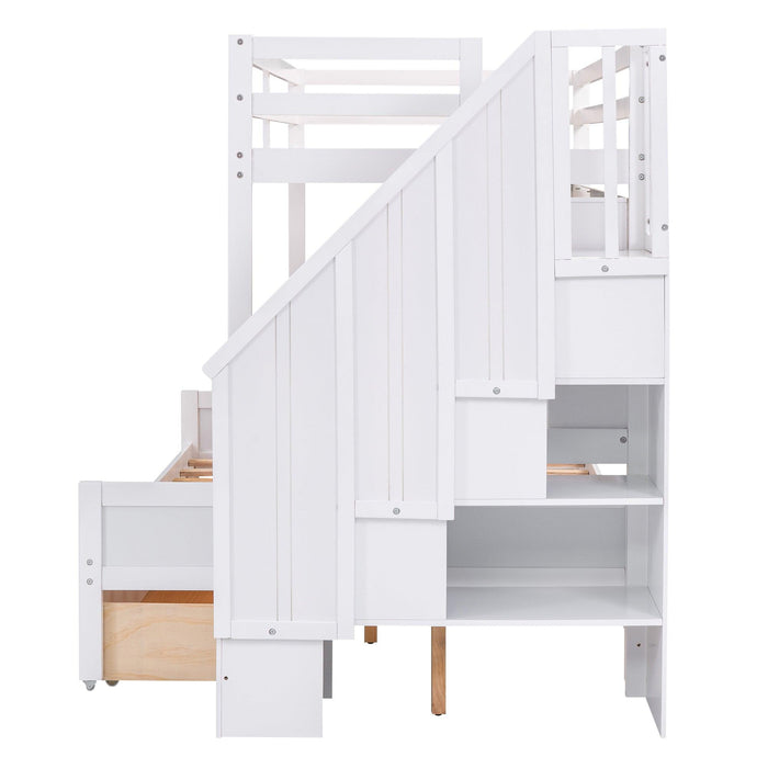 Twin XL over Full Bunk Bed withStorage Shelves, Drawers andStorage Staircase - White