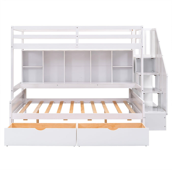 Twin XL over Full Bunk Bed withStorage Shelves, Drawers andStorage Staircase - White