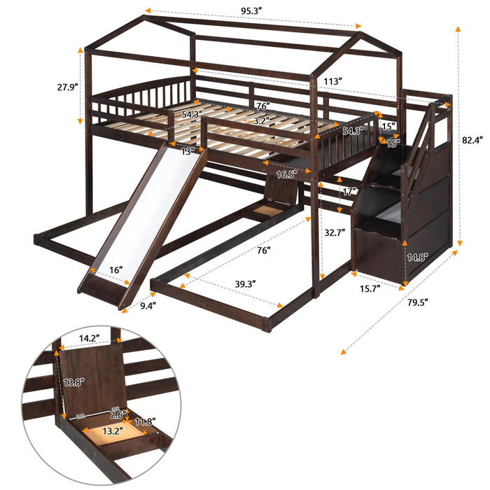 Full over Twin and Twin House Shaped Bunk Bed withStorage Staircase, Drawer , Slide, and Shelf - Espresso