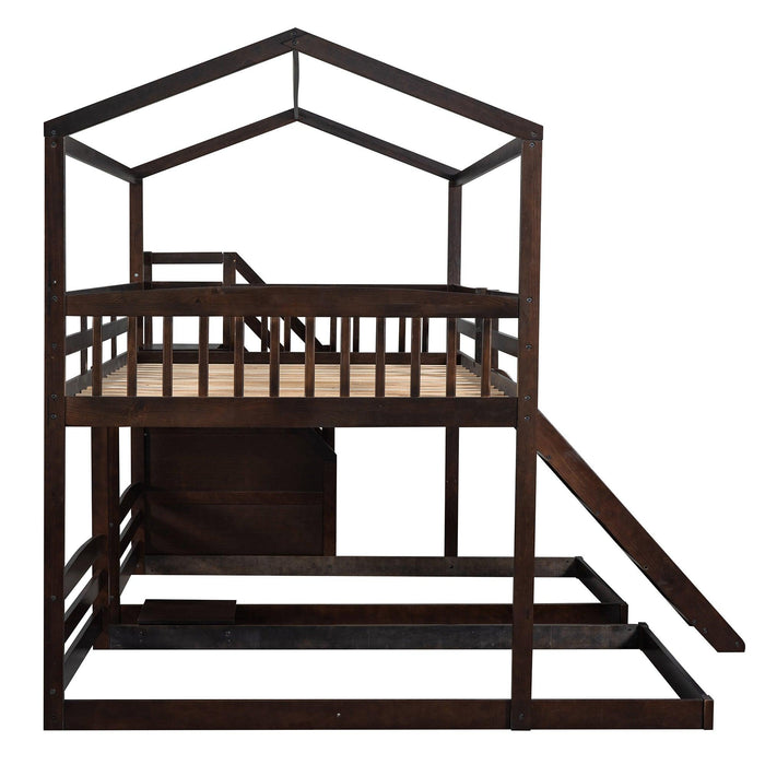 Full over Twin and Twin House Shaped Bunk Bed withStorage Staircase, Drawer , Slide, and Shelf - Espresso