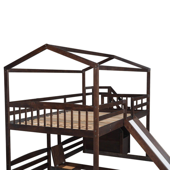 Full over Twin and Twin House Shaped Bunk Bed withStorage Staircase, Drawer , Slide, and Shelf - Espresso