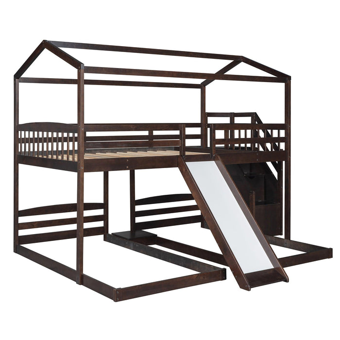 Full over Twin and Twin House Shaped Bunk Bed withStorage Staircase, Drawer , Slide, and Shelf - Espresso