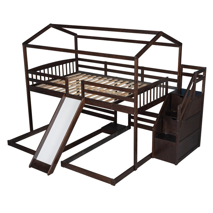 Full over Twin and Twin House Shaped Bunk Bed withStorage Staircase, Drawer , Slide, and Shelf - Espresso