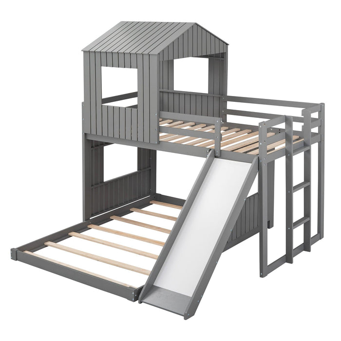 Twin Over Full House Shaped Bunk Bed with Ladder, Slide and Guardrails - Gray