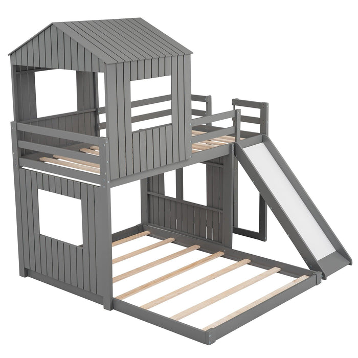 Twin Over Full House Shaped Bunk Bed with Ladder, Slide and Guardrails - Gray