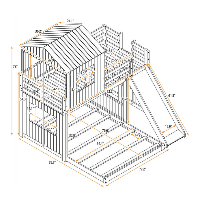 Twin Over Full House Shaped Bunk Bed with Ladder, Slide and Guardrails - Gray