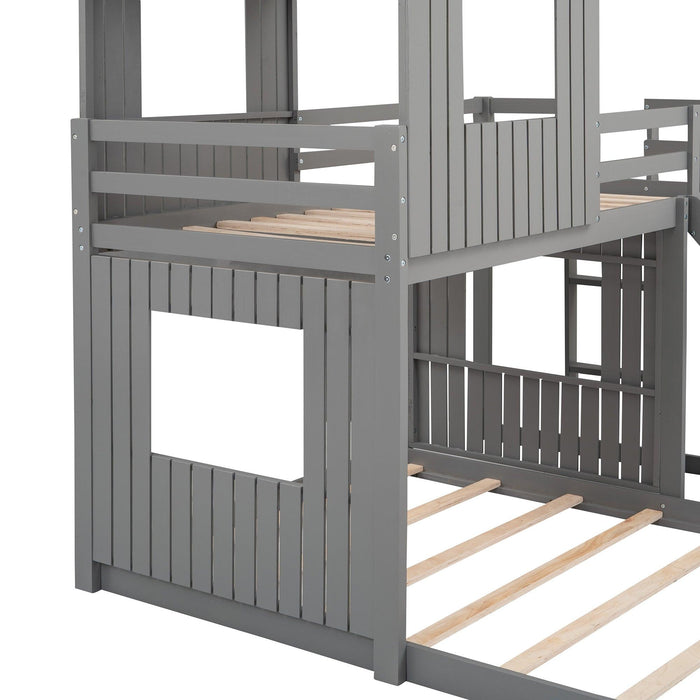 Twin Over Full House Shaped Bunk Bed with Ladder, Slide and Guardrails - Gray