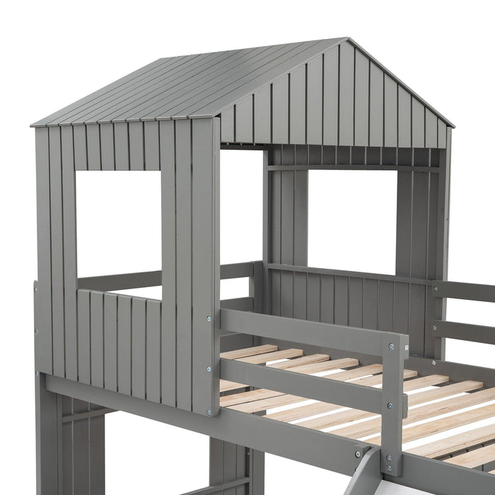 Twin Over Full House Shaped Bunk Bed with Ladder, Slide and Guardrails - Gray