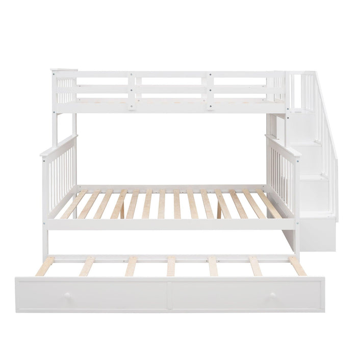 Twin over Full Bunk Bed with Twin size Trundle,Storage Staircase and Guard Rail - White