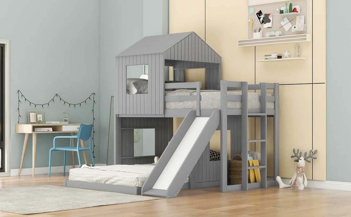 Twin Over Full House Shaped Bunk Bed with Ladder, Slide and Guardrails - Gray