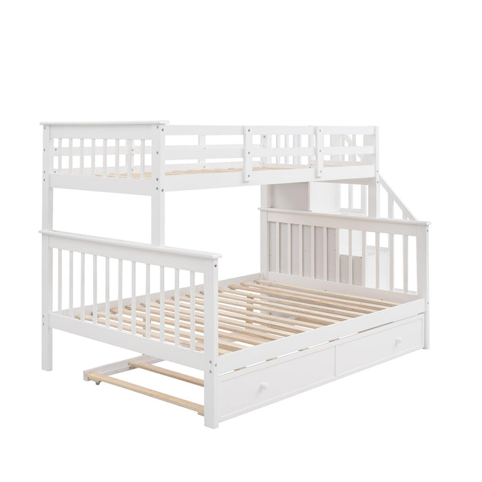 Twin over Full Bunk Bed with Twin size Trundle,Storage Staircase and Guard Rail - White