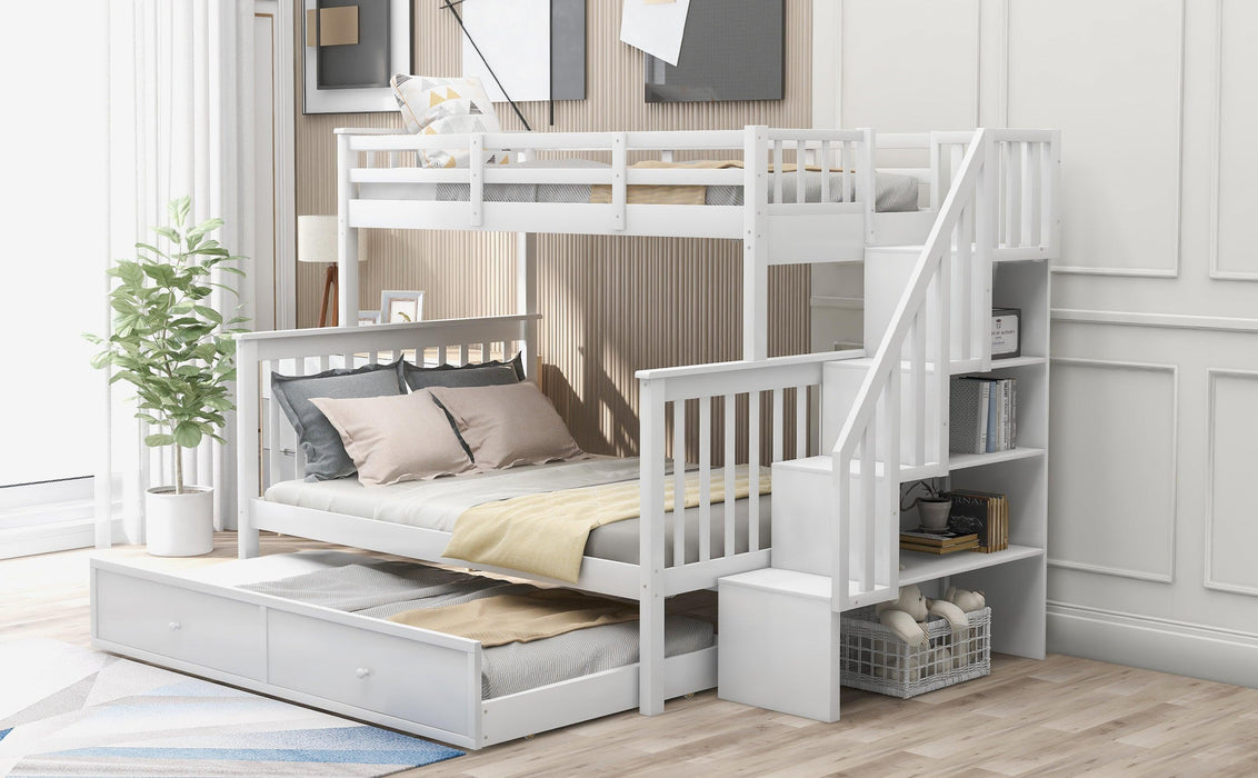 Twin over Full Bunk Bed with Twin size Trundle,Storage Staircase and Guard Rail - White