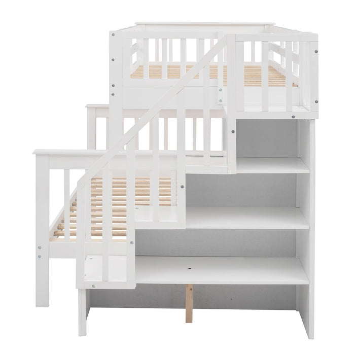 Twin over Full Bunk Bed with Twin size Trundle,Storage Staircase and Guard Rail - White