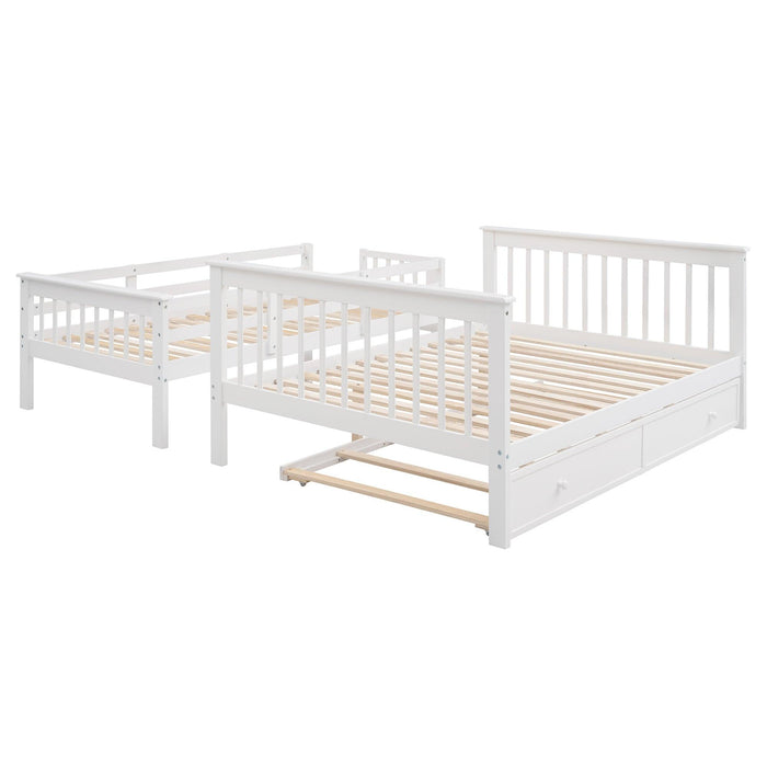 Twin over Full Bunk Bed with Twin size Trundle,Storage Staircase and Guard Rail - White