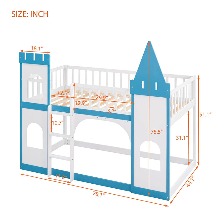 Twin Over Twin Castle Shaped Bunk Bed with Ladder - Blue