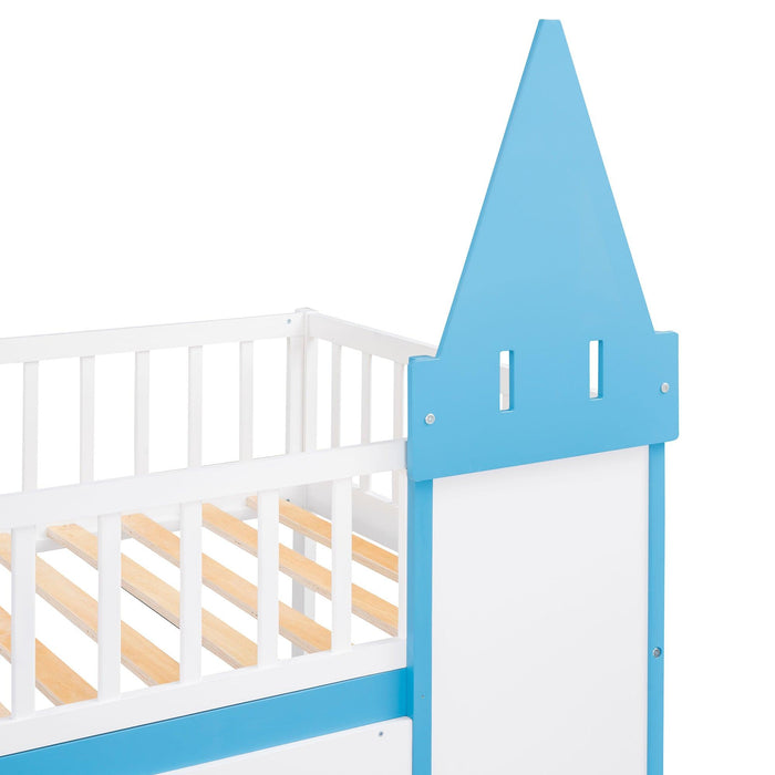 Twin Over Twin Castle Shaped Bunk Bed with Ladder - Blue