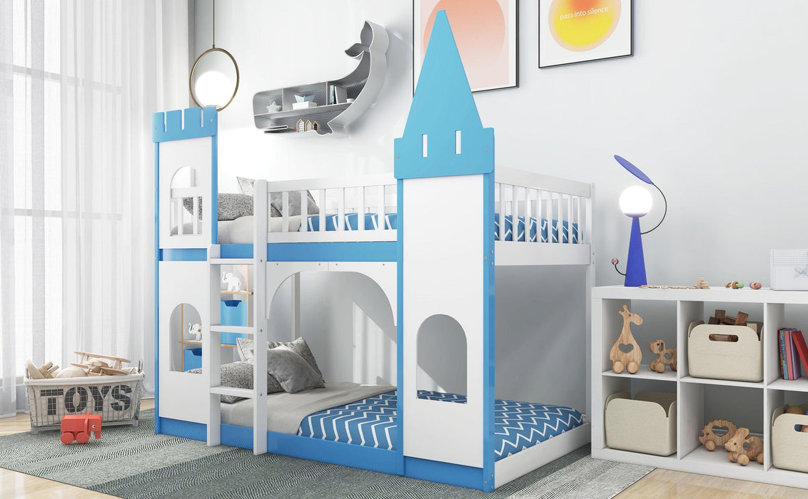 Twin Over Twin Castle Shaped Bunk Bed with Ladder - Blue