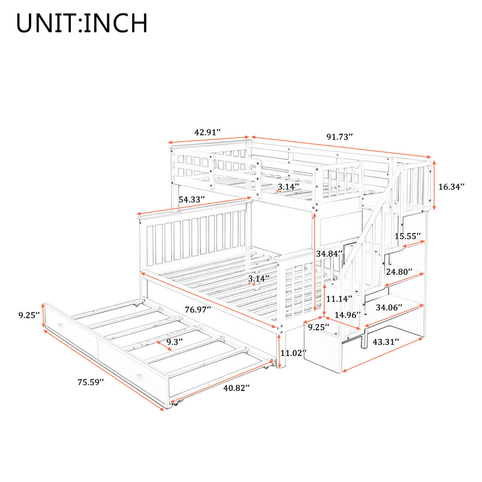 Twin over Full Bunk Bed with Twin size Trundle,Storage Staircase and Guard Rail - White