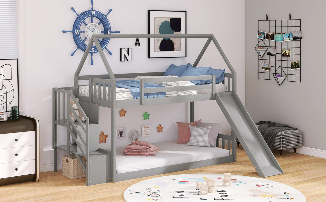 Twin over Twin House Bunk Bed with Slide andStorage Staircase - Gray