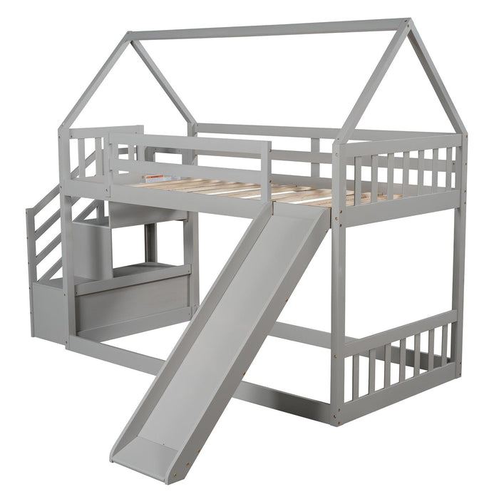 Twin over Twin House Bunk Bed with Slide andStorage Staircase - Gray