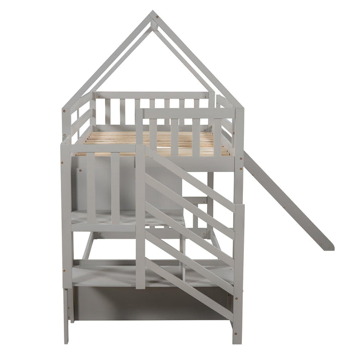 Twin over Twin House Bunk Bed with Slide andStorage Staircase - Gray