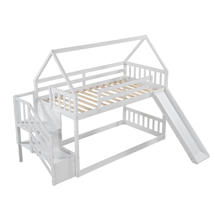 Twin over Twin House Bunk Bed with Slide andStorage Staircase - White