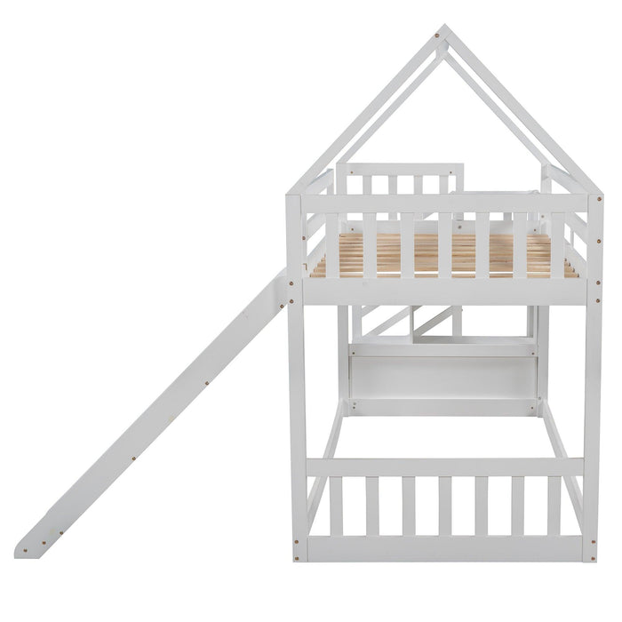 Twin over Twin House Bunk Bed with Slide andStorage Staircase - White