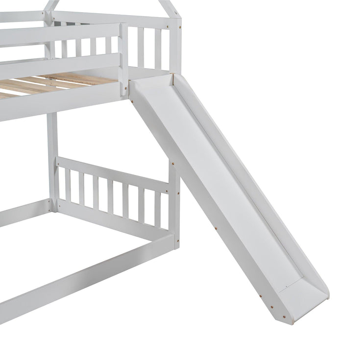 Twin over Twin House Bunk Bed with Slide andStorage Staircase - White