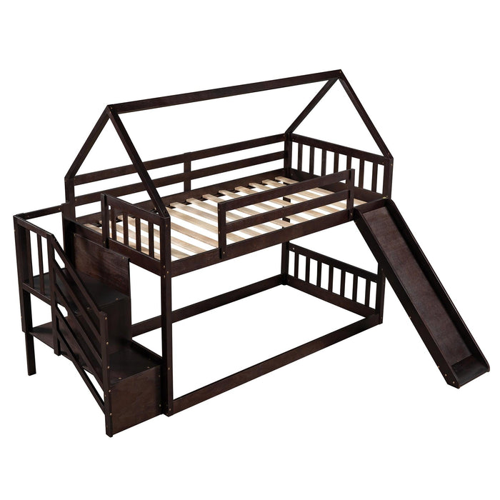 Twin over Twin House Bunk Bed with Slide andStorage Staircase - Espresso