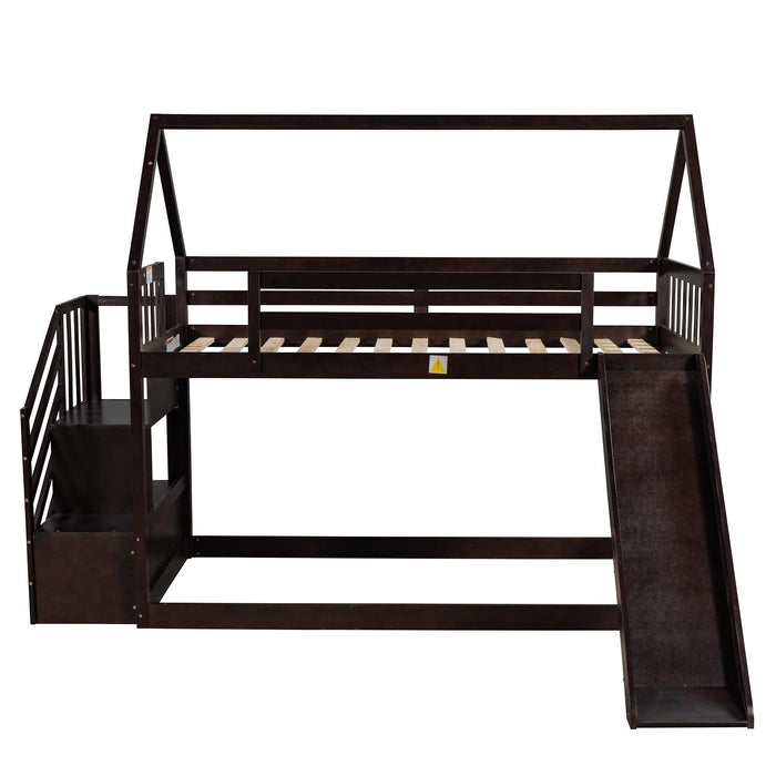 Twin over Twin House Bunk Bed with Slide andStorage Staircase - Espresso